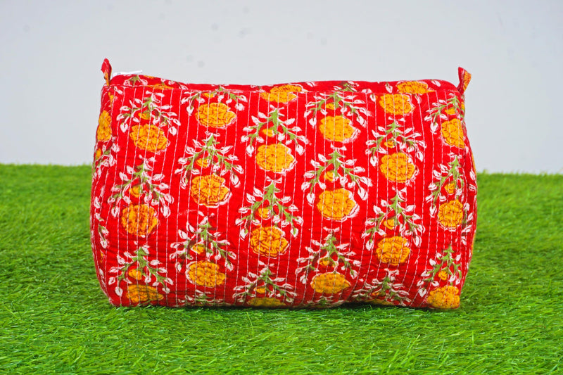 Generic Set of 3 Pieces Indian Handmade Cotton Quilted Handmade Floral Hand Block Print Toiletry Bag,Cosmetic Pouch Bag Makeup Bag For Women (Cotton, Orange), 44999