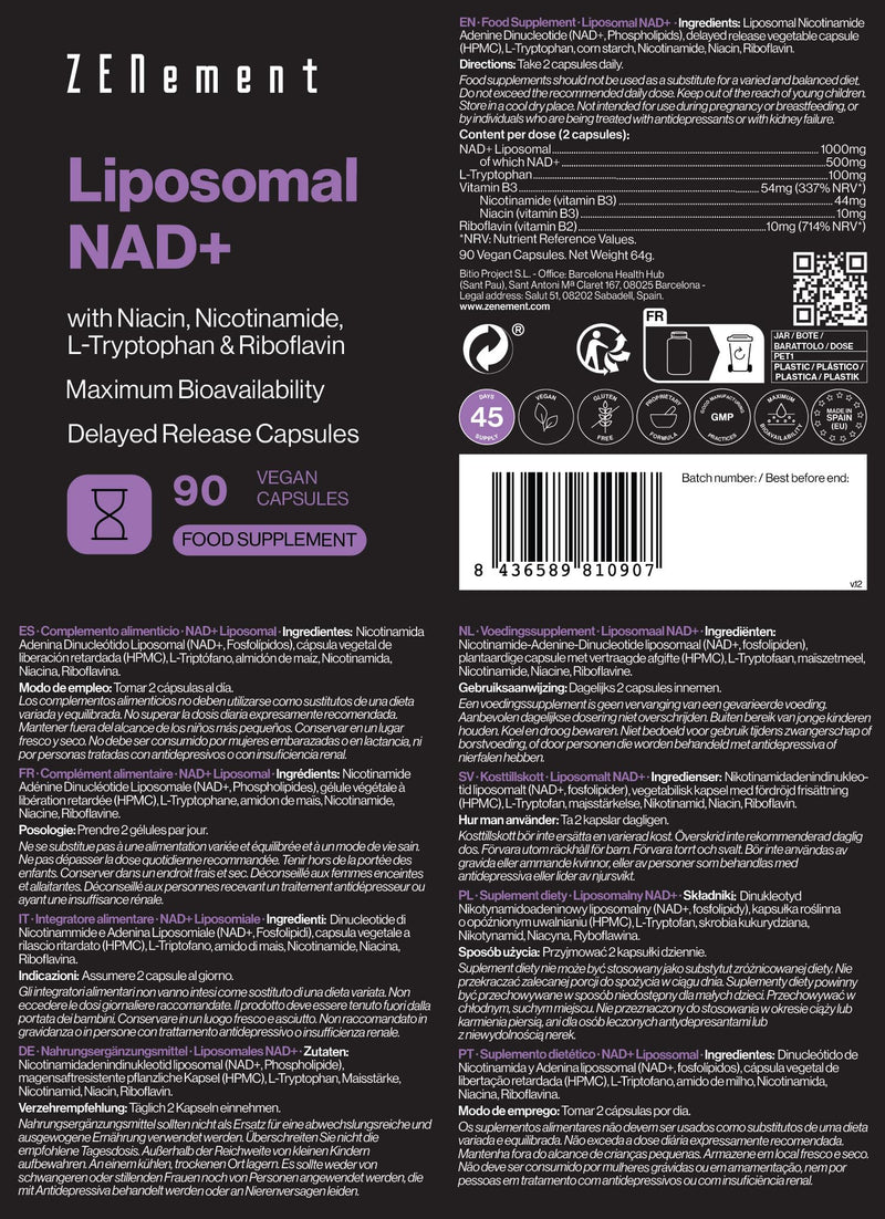 NAD⁺ Liposomal 1000 mg – High Bioavailability & Good Tolerance – Delayed‑Release Vegan Capsules – with L‑Tryptophan, Niacin, Nicotinamide & Riboflavin – Zenement