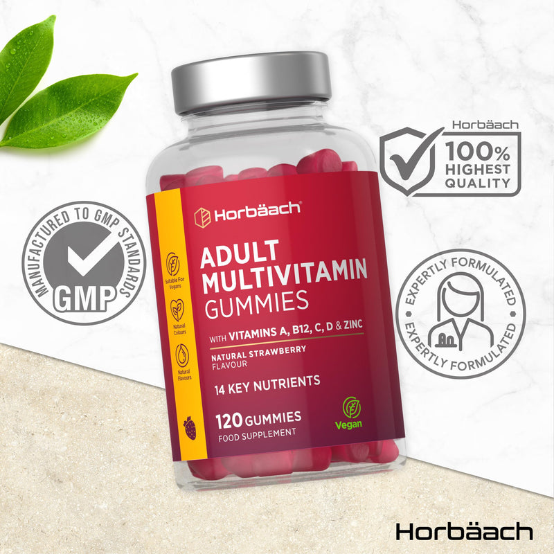 Multivitamin Gummies for Adults | 120 Count | Strawberry Flavoured | 14 Key A-Z Nutrients | with Vitamin A, B12, C, D, and Zinc | Vegan | By Horbaach