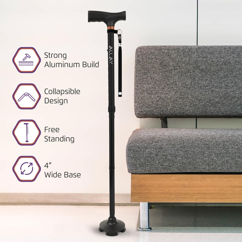 [Australia] - Allay Walking Cane for Men & Women - Foldable, Adjustable, Collapsible Walking Canes for Seniors Balance, Free Standing, Pivot Tip, Heavy Duty, with Travel Bag | Walking Sticks for Seniors & Adults Black 