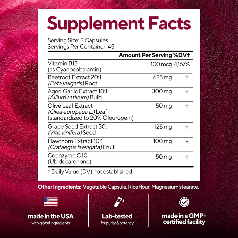 Normal Blood Pressure Supplement - 7-in-1 Beet Root Capsules with CoQ10, Grape Seed, Vitamin B12 for Heart Support - USA Made Beetroot Capsules for Normal Circulation - 90 Vegan Beets Caps 90 Count (Pack of 1)