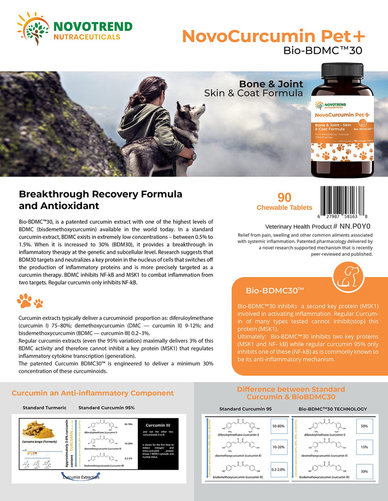 NovoCurcumin Pet+ BioBDMC30 Bone & Joint - Skin & Coat Formula - 90 Chewable Tablets - PawsPlanet Australia