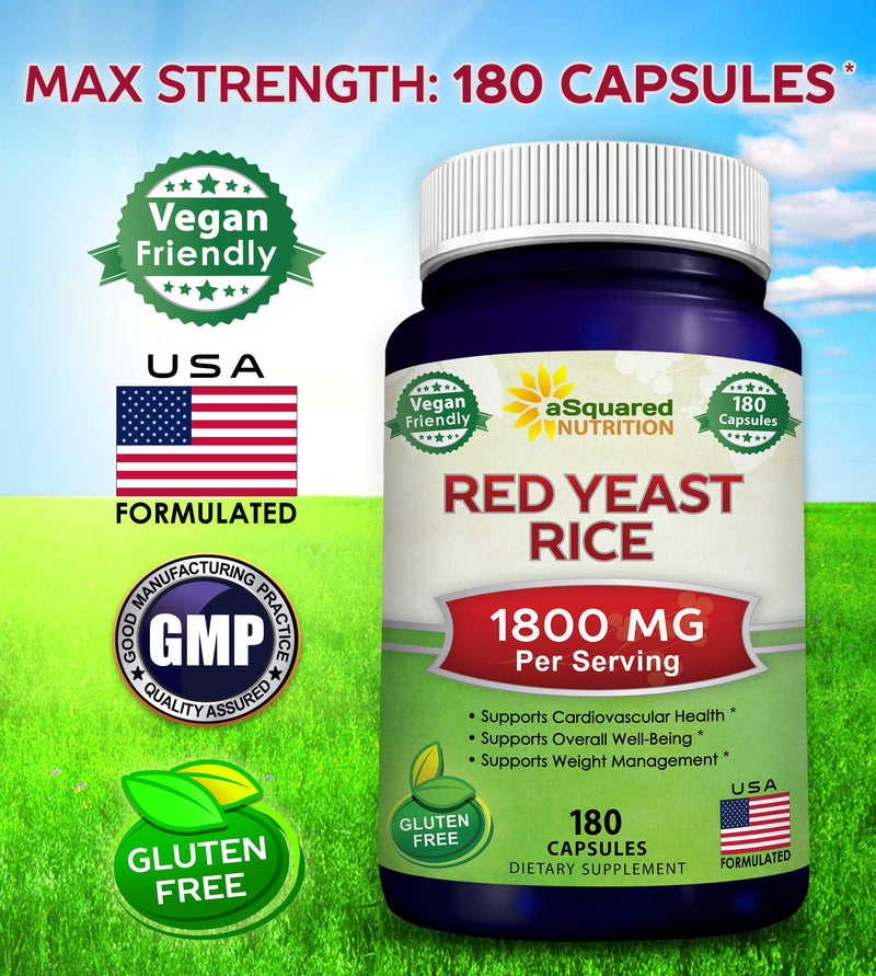 [Australia] - aSquared Nutrition Red Yeast Rice 1800mg - Dietary Supplement Vegan Powder Pills to Support Cardiovascular Health - 180 Veggie Capsules 