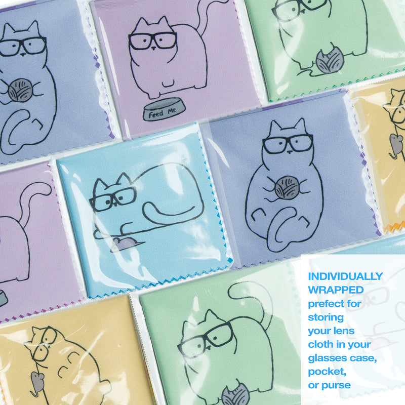 [Australia] - 10 Pack Cute Kitty Cat Design Multicolor Microfiber Cleaning Cloths for Cleaning Eyeglasses Lenses Sunglasses and Cell Phone Beautifully Designer Colors Blue Pink Yellow Purple Green Cloth Wipes 