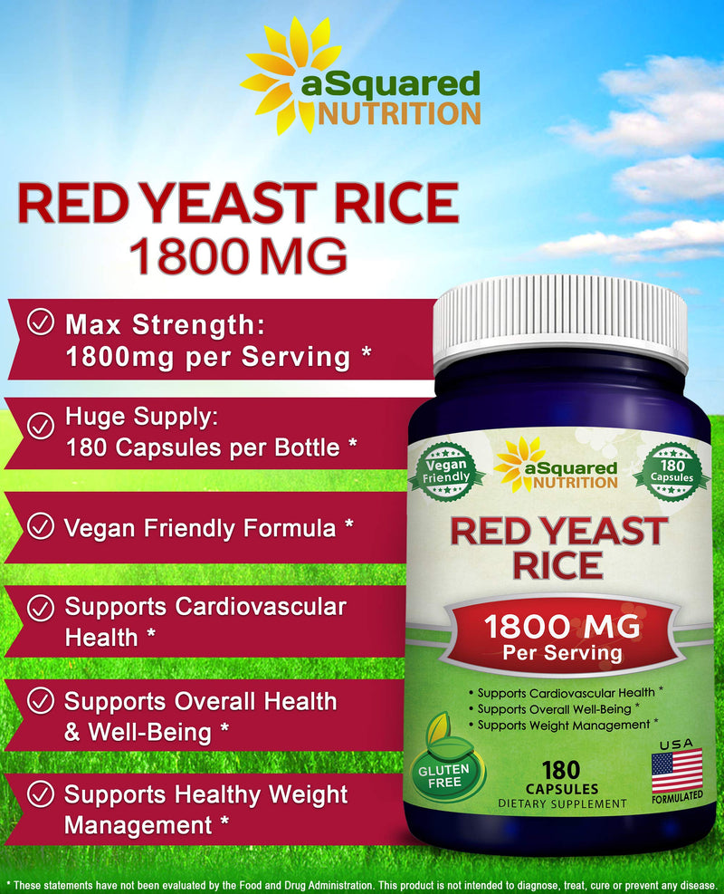 [Australia] - aSquared Nutrition Red Yeast Rice 1800mg - Dietary Supplement Vegan Powder Pills to Support Cardiovascular Health - 180 Veggie Capsules 