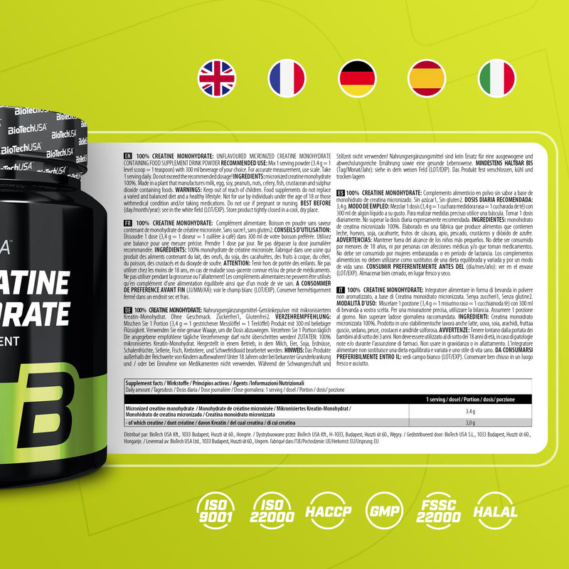 BioTechUSA 100% Creatine Monohydrate | Pharmaceutical-Grade Creatine | Micronized | Vegan | Glutenfree, 500 g, Unflavoured