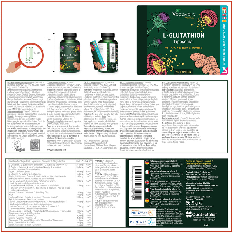 [Australia] - Reduced glutathione | Liposomal Pureway™-G | With NAC, glycine, glutamine, vitamin C, selenium, milk thistle & curcuma extract | Vegan & No Additives | German production of Vegavero® 