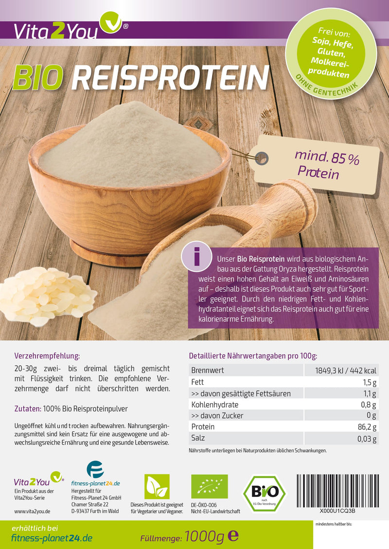 [Australia] - Vita2You organic rice protein 1kg - organic farming - 85% protein - vegan protein - gluten free - rice protein isolate - 1000g - premium quality 
