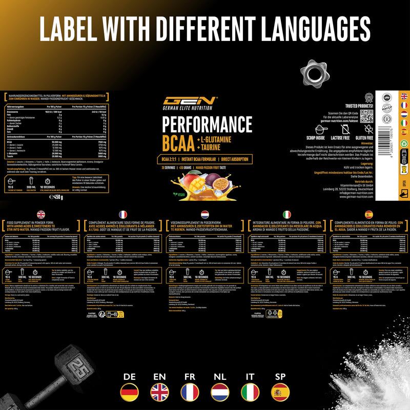[Australia] - BCAA Performance - 450 g powder - Instant BCAAs + L-Glutamine + Taurine - Delicious & super solubility - Vegan amino acids - 2:1:1 ratio - (Mango passion fruit) 