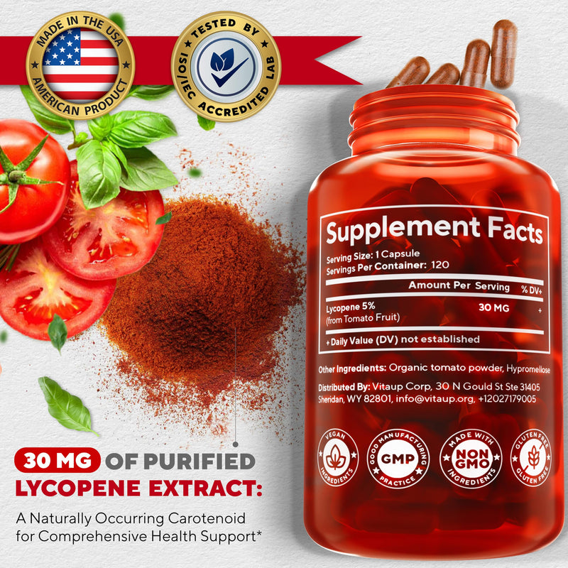 [Australia] - Lycopene Supplement - USA Made Lycopene 30mg - Vegan Lycopene Powder Capsules - Prostate Support Supplement for Men's Health - Lycopene Supplements for Heart Health & Immune Support - 120 Count 120 Count (Pack of 1) 