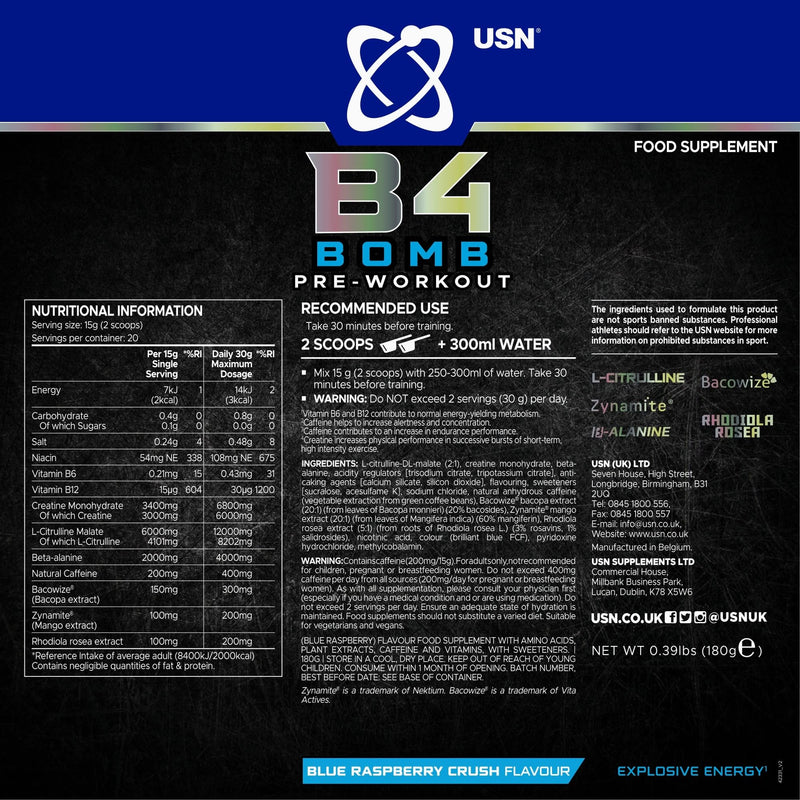 USN B4 Bomb Pre Workout Powder - 300g (20 Servings) Energy Drink Powder for Explosive Energy & Performance, 200mg Caffeine, 6000mg Citrulline, Creatine & 2000mg Beta Alanine - Blue Raspberry Flavour