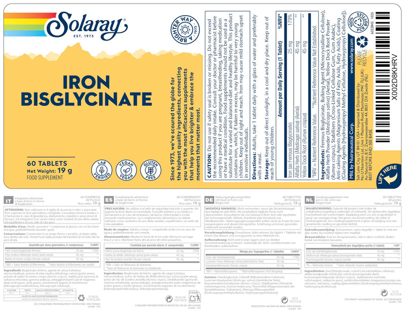 Solaray Gentle Iron Bisglycinate 25mg - 60 Vegan Tablets - High Strength Iron Supplement for Energy Support for Men & Women - with Added Alfaalfa Herb and Yellow Dock Root - Lab Verified