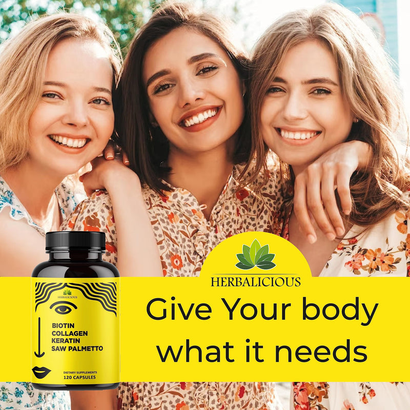 HERBALICIOUS Biotin Collagen Keratin Capsules with Saw Palmetto – Hair Skin Nails Support Formula with Vitamin C – Biotin – Made in USA – 120 Capsules
