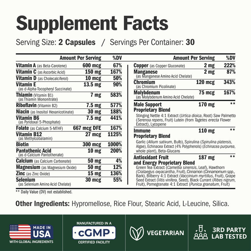 Vimerson Health Multivitamin for Men: Methylated B Vitamins, Chelated Minerals and Bioavailable D3 for Focus and Energy Support – Daily Mens Multivitamins and Multiminerals – 60 Capsules Men's Capsules