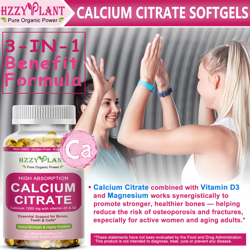 Calcium Supplements for Women Softgels, High Absorption Calcium Citrate Supplement Essential Mineral Calcium 1200 mg with Vitamin D3 Magnesium for Bone Health Support, Non-GMO, 2 Month Supply
