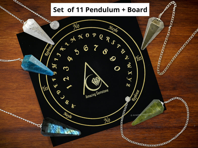 [Australia] - Pack of 11 Crystal Pendulums Bulk Set with Pendulum Board - Wholesale Bulk Crystals 11 Pendulums + Board 