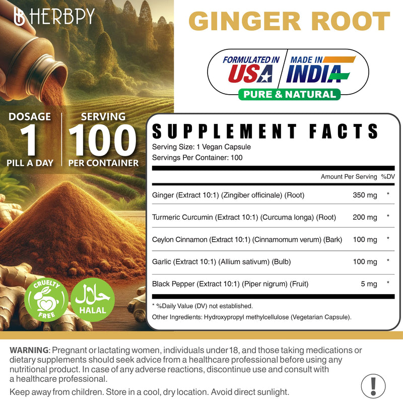 [Australia] - 5in1 Ginger and Turmeric Supplements with Ceylon Cinnamon, Garlic - Digestion, Immune, Brain & Heart Health Support - 100 Vegan Capsules 