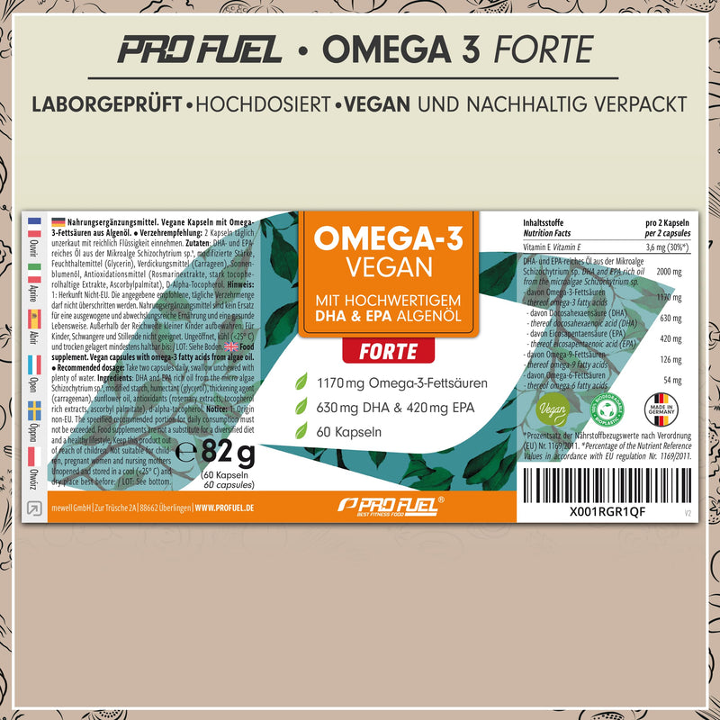 [Australia] - Omega-3 vegan FORTE - 60 capsules - 2000 mg algae oil per day - high dose with 630 mg DHA + 420 mg EPA - vegan Omega-3 algae oil capsules - DHA:EPA ratio 3:2 - laboratory tested with analysis certificate 60 pieces (pack of 1) 