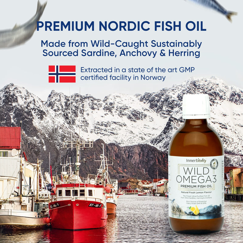 Omega 3 Fish Oil Liquid - Natural Fresh Lemon Flavour with NO Fishy Taste, High Strength DHA/EPA - 200ml Made from Wild Caught Nordic Fish Oil | 3rd Party Tested for Purity - Inner Vitality 200 ml (Pack of 1)