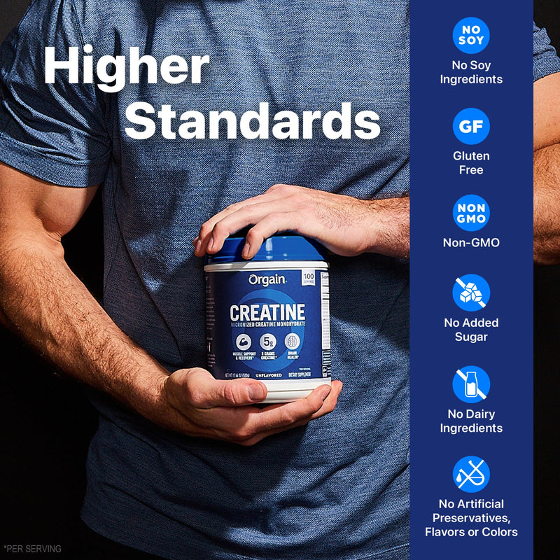 [Australia] - Orgain Creatine Monohydrate Micronized Powder, Unflavored, Supports Muscle Growth, Post Workout Recovery and Brain Health, No Artificial Additives, for Men & Women, Vegan, 100 Servings 