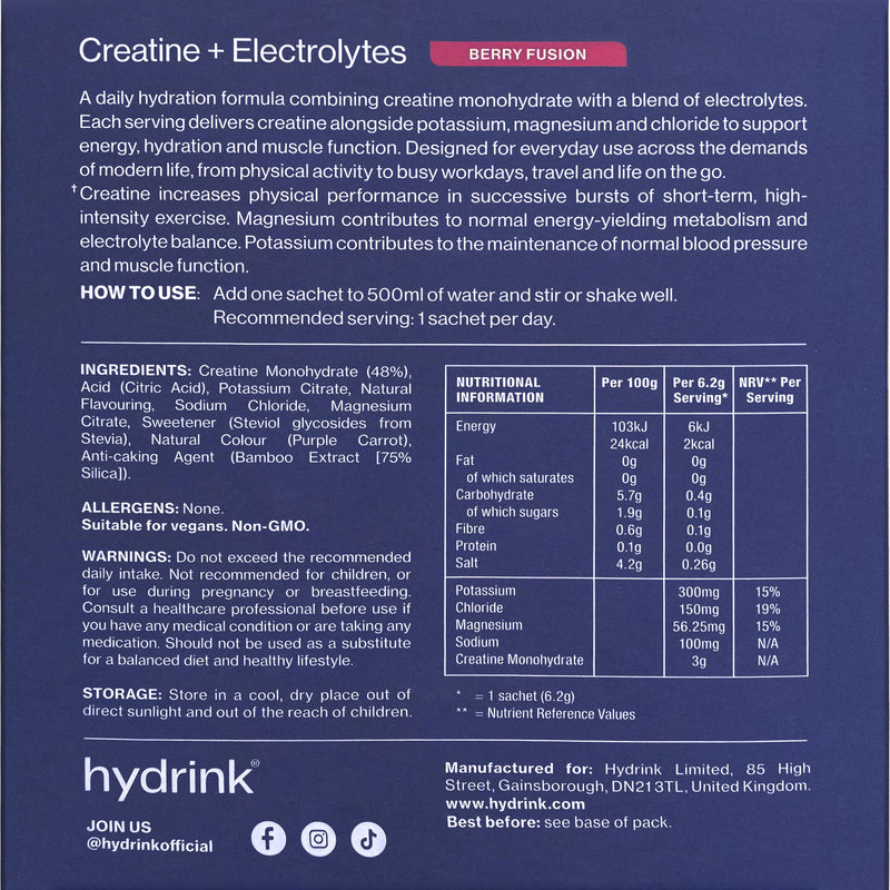 Creatine & Electrolytes Sachets (30 Pack) | Electrolyte Drinks Mix for Energy & Daily Performance | Berry Fusion | Travel Friendly Hydration Sachets 30 sachets