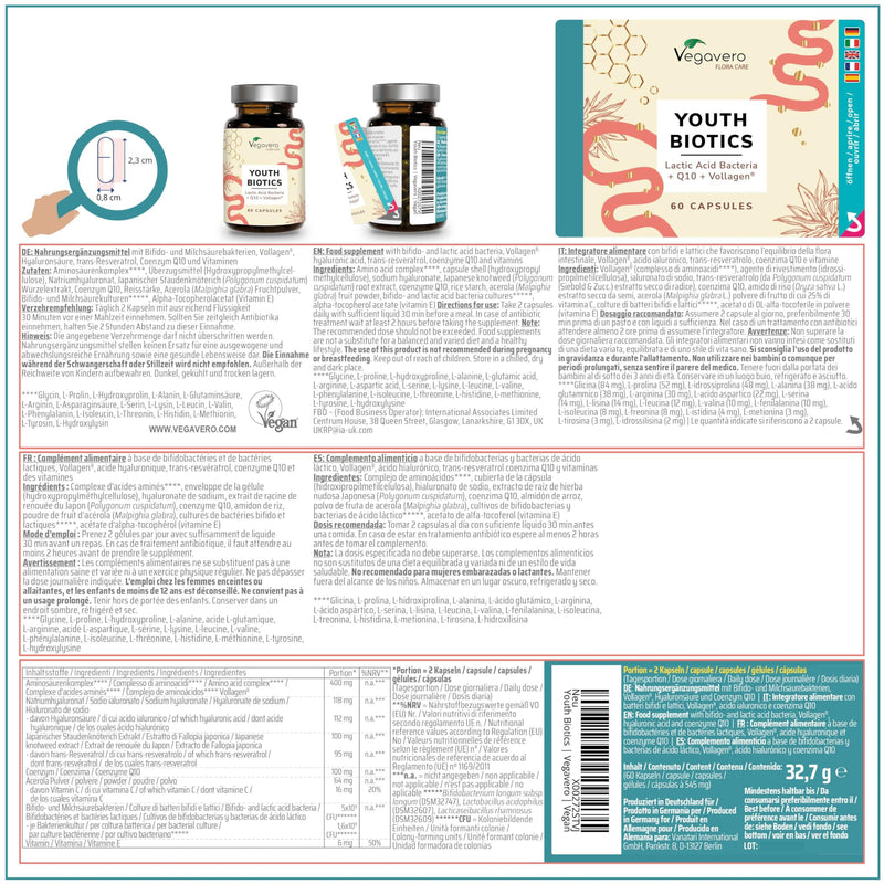Vegavero Youth Biotics | 5 Billion CFU & Vollagen | with Hyaluronic Acid, Resveratrol & Coenzyme Q10 | 60 Capsules | Gut-Skin Axis & Collagen Support | NO Additives