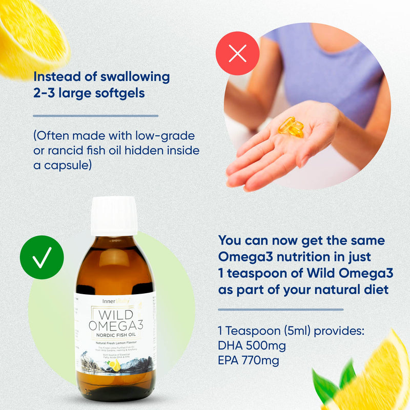 Omega 3 Fish Oil Liquid - Natural Fresh Lemon Flavour with NO Fishy Taste, High Strength DHA/EPA - 200ml Made from Wild Caught Nordic Fish Oil | 3rd Party Tested for Purity - Inner Vitality 200 ml (Pack of 1)