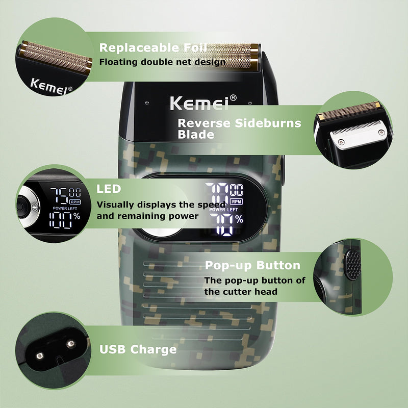 Kemei Foil Professional Electric Shaver for Men Razor with Bald Trimmer Cordless Shavers Rechargeble LED Display 2 in 1 Camouflage
