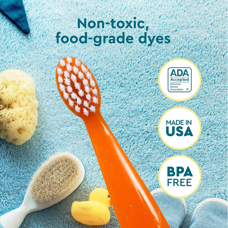 [Australia] - RADIUS Children's Toothbrush, Totz Brush, Extra Soft Bristles, Blue/Coral/Yellow, BPA Free & ADA Accepted, Designed for Delicate Teeth & Gums for Children 18 Months & Up, Pack of 3 3 Count (Pack of 1) 