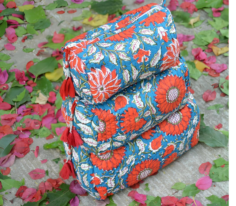 INDACORIFY 100% Cotton Block Print Cosmetic Toiletry Bags Boho Beauty Toiletry Kits Travel Case Pouch for Women's Printed Cotton Tote Bag (Pattern- 3) Pattern- 3