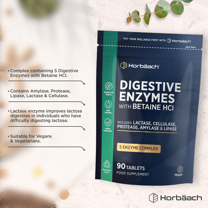 Digestive Enzyme Supplements | Complex with Betaine HCL, Amylase, Lactase, Protease, Lipase & Cellulase | 90 Vegan Tablets | by Horbaach