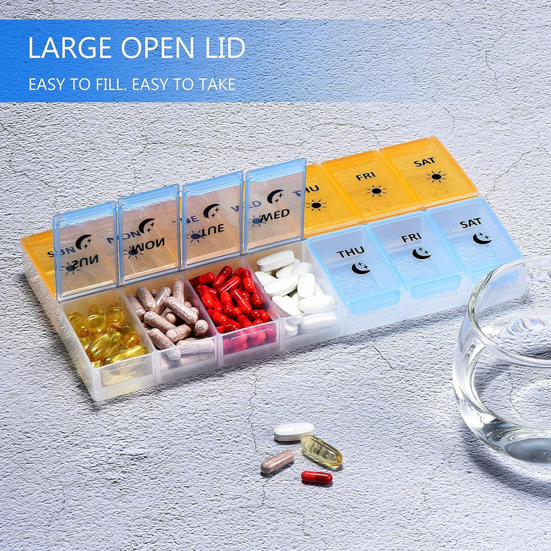 Extra Large 7 Day Pill Organizer AM PM BPA-Free Medicine Case with Oversized Compartments for Large Vitamins, Fish Oil, and Supplements, Easy Open Design(Yellow/Blue)