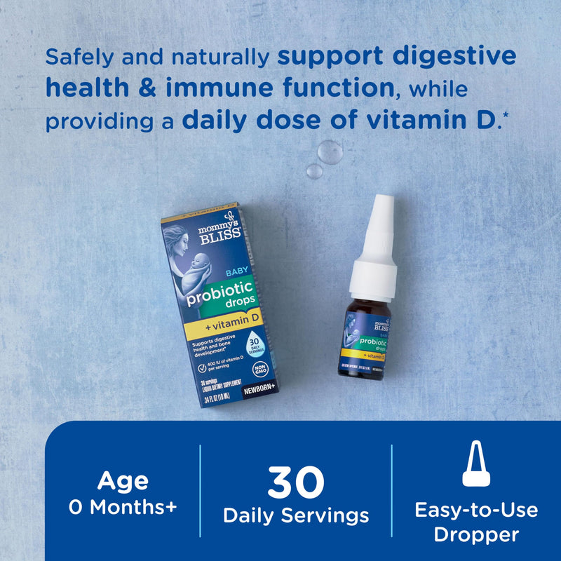 Mommy's Bliss Baby Probiotics + Vitamin D Drops,Supports Digestive Health & Immune Function*,400IU Vitamin D,Supports Bone Development*,Newborns+,Flavorless,0.34 Fl Oz (30 Servings),(Pack of 2) 0.34 Fl Oz (Pack of 2)
