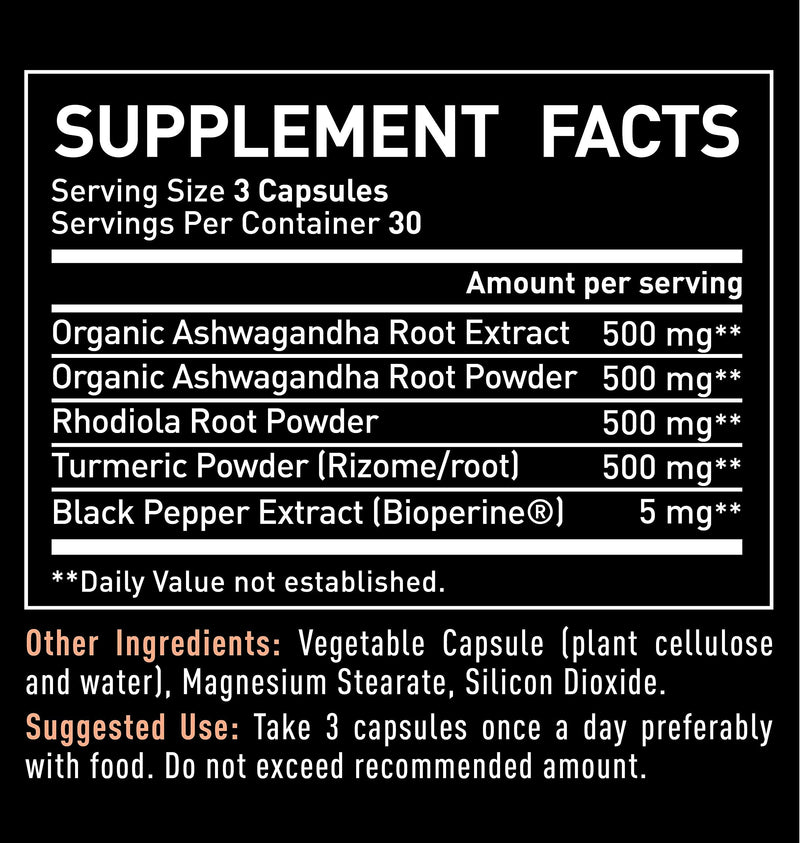 [Australia] - Ashwagandha Complex - Organic Ashwagandha Root Powder + Rhodiola Rosea + Turmeric - Premium Support Formula - Ashwagandha Capsules Supplement 