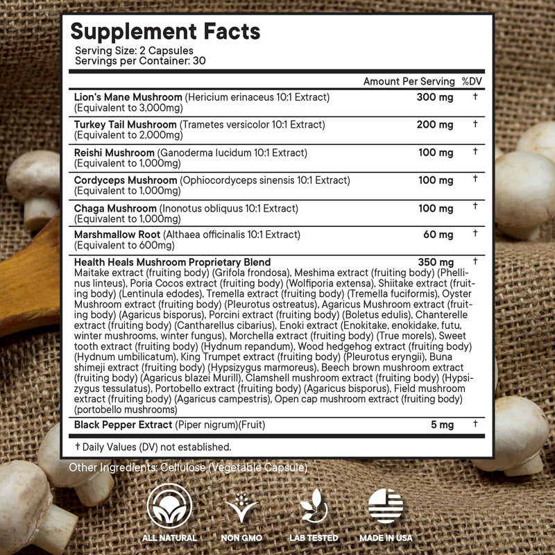 [Australia] - Mushroom Supplement with Turkey Tail 2000mg Reishi 1000mg Cordyceps Chaga 1000mg with Marshmallow Root - 60 Count 