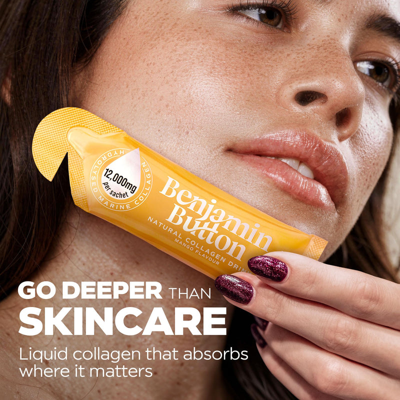 Benjamin Button Marine Collagen Liquid Sachet w/Hyaluronic Acid & Vitamin C | for Hair, Skin, Nails & Joints | 12,000mg High Strength Hydrolysed Collagen (Mango, 14x Sachets) Mango Pack of 14