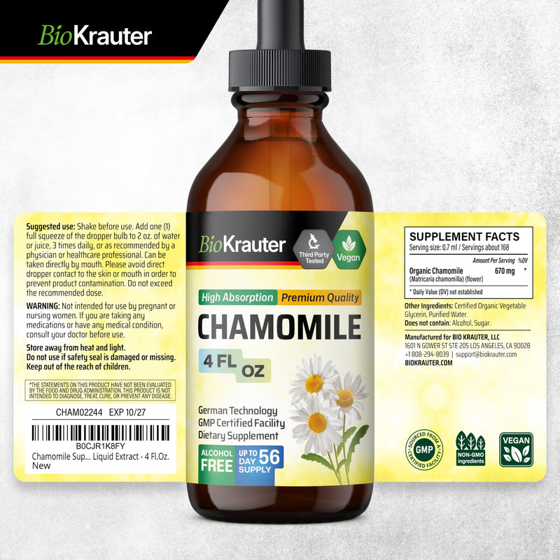 [Australia] - BIO KRAUTER Chamomile Tincture - Chamomile Extract - Supplement for Relaxation and Calmness Support - Alcohol and Sugar Free - Vegan Drops 4 Fl.Oz. 4 Fl Oz (Pack of 1) 