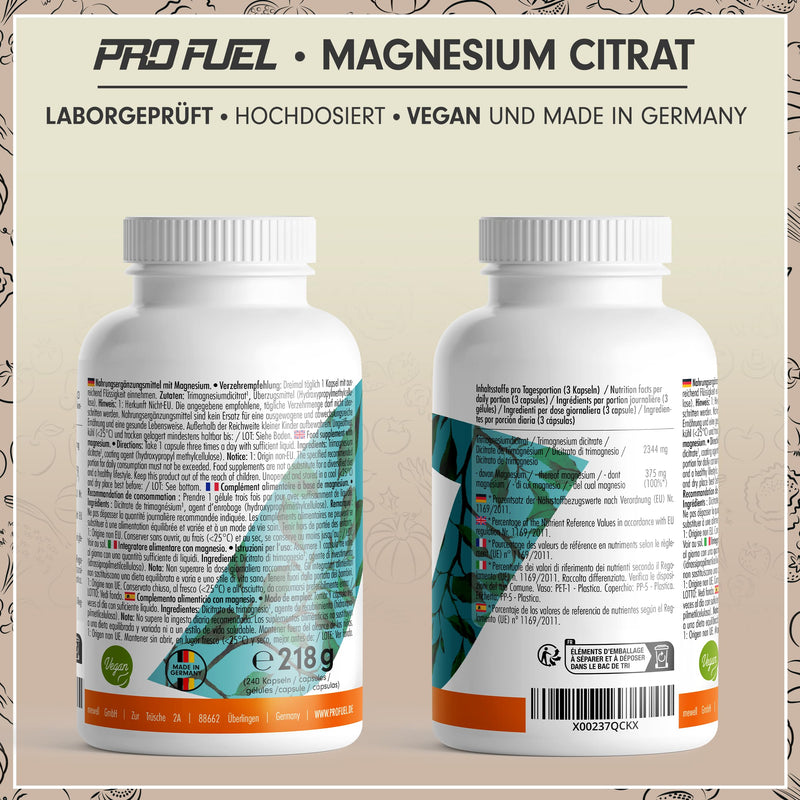 [Australia] - Magnesium citrate capsules 240x with 375 mg magnesium made from high-quality magnesium citrate - optimally high dose & bioavailable - laboratory tested with certificate - 100% vegan - supply for 80 days 1x 240 capsules 