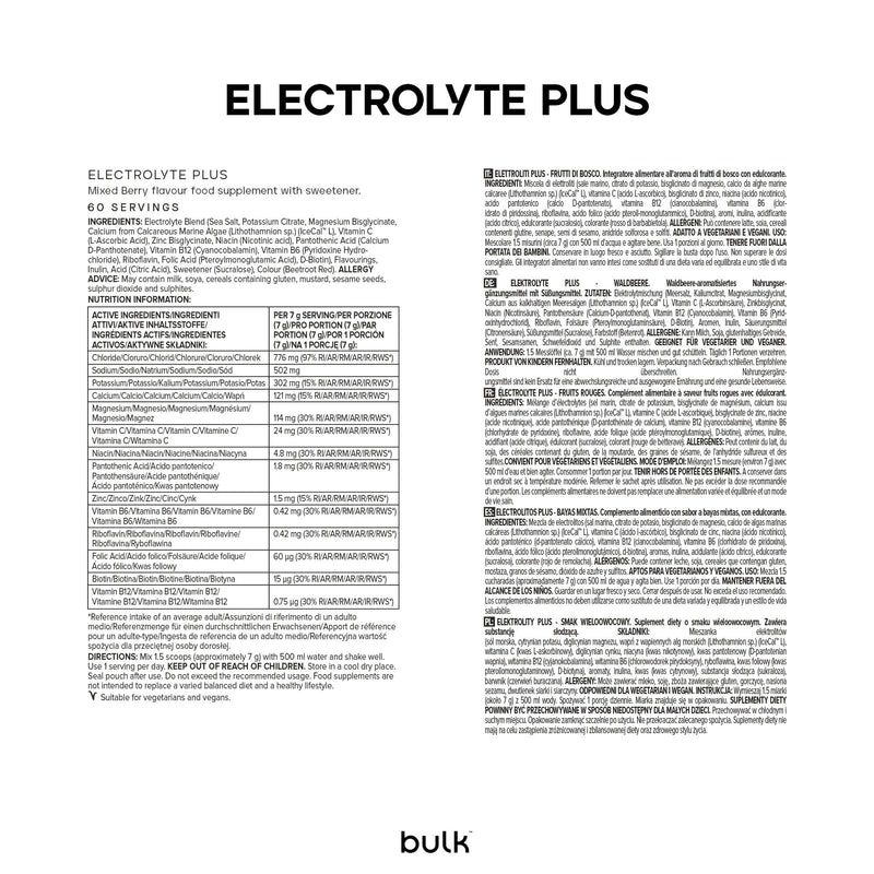 Bulk Electrolyte Plus, Mixed Berry Flavour, 420 g, 60 Servings, Replenishes Electrolytes, Boosts Hydration, Supports Muscle Function & Performance, Vegan-Friendly