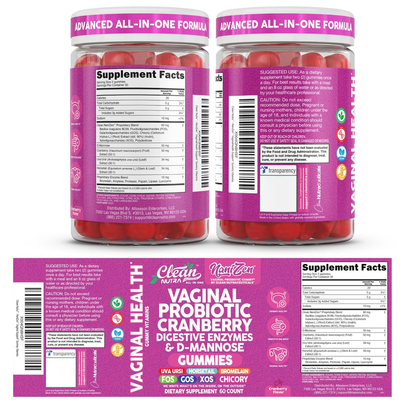 Clean Nutra Vaginal Probiotic Gummies for Women Cranberry Digestive Enzymes D Mannose Womens Probiotic Dmannose Horsetail Bromelain Chicory Fiber Feminine Care Prebiotics Inulin Papaya Enzyme Gummy