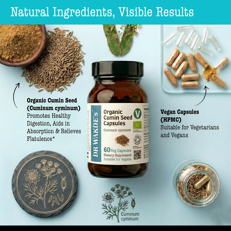 DR WAKDEs Organic Cumin Seed Capsules I 60 Veg Capsules I Herbal Supplement I Vegan Friendly I Ayurveda