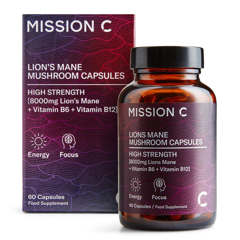 Lions Mane Mushroom Capsules 8,000mg with Added Vitamin B6 and B12 | Nootropic Supplement for Cognition, Mood, Immunity & Inflammation | 60 Two-a-Day Vegan Capsules - Mission C Lion's Mane