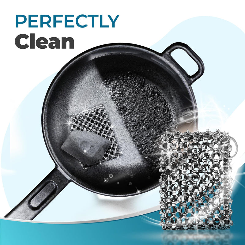 [Australia] - [EXCLUSIVE EDITION] BTLUX Cast Iron Scrubber – 316 Stainless Steel, Triple Ring Chainmail - Perfect Cleaner for Cast Iron Pans, Skillets, Pots, Woks (Black) Black 