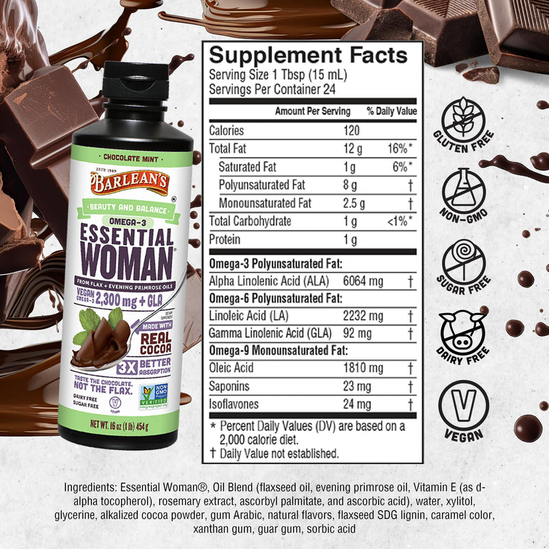 [Australia] - Barlean's Essential Woman Chocolate Mint Liquid Supplement from Flaxseed, Evening Primrose Oil & Soy Isoflavones, Omega 3 6 9 and GLA, Hormonal Balance & Healthy Hair and Skin, 16 oz Chocolate Mint - 16 oz 