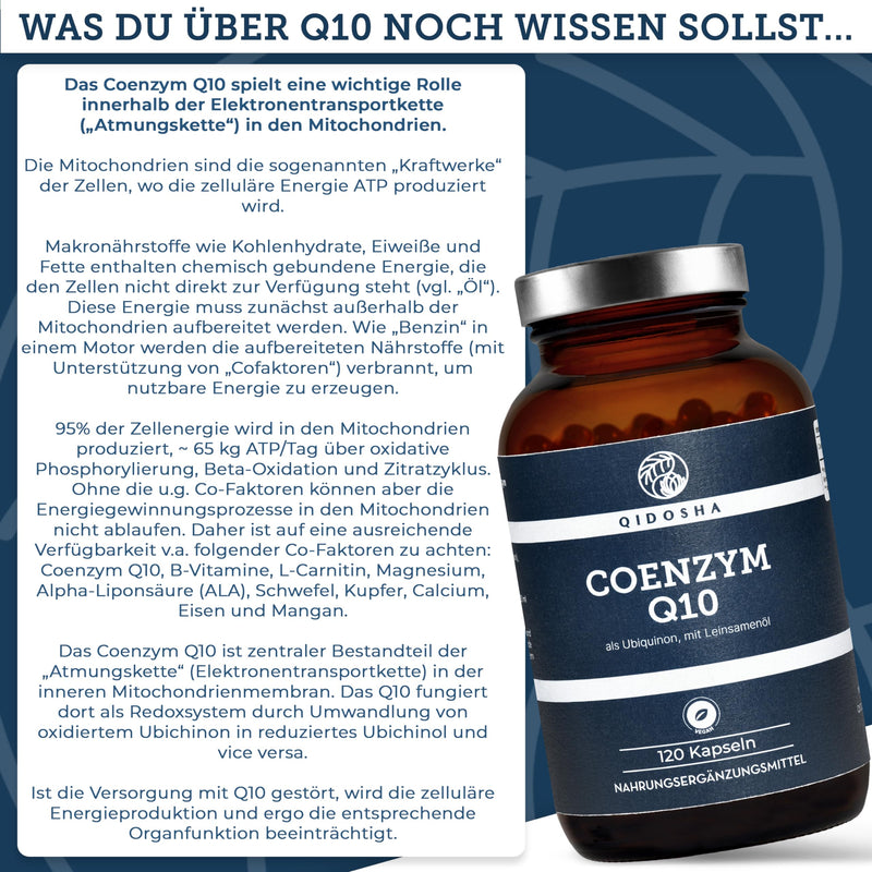 [Australia] - QIDOSHA® Coenzyme Q10 capsules high dosage, 200mg Coenzyme Q10 liquid per capsule, 120 vegan softgel capsules in a glass, ubiquinone embedded in linseed oil for optimal bioavailability, Q10 as ubiquinone 