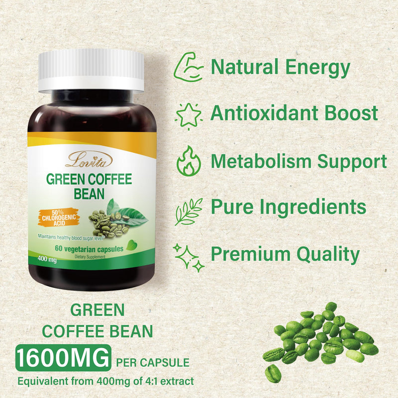 [Australia] - Lovita Green Coffee Bean Extract, 50% Chlorogenic Acid for Metabolism, Energy & Weight Management, 800 mg per Day, Vegan, Non-GMO, Gluten-Free, Natural Antioxidant Supplement, 60 Capsules 60 Count (Pack of 1) Classic Packaging 