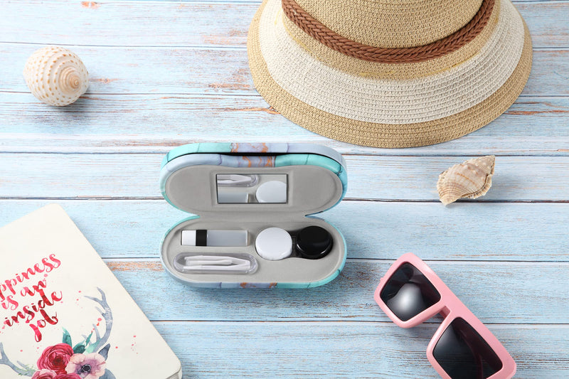 [Australia] - AITIME 2 in 1 Double Sided Portable Contact Lens and Eyeglasses Case, Marbling, Multifunction, Durable, Compact, Portable Storage Kit Marble-Green 