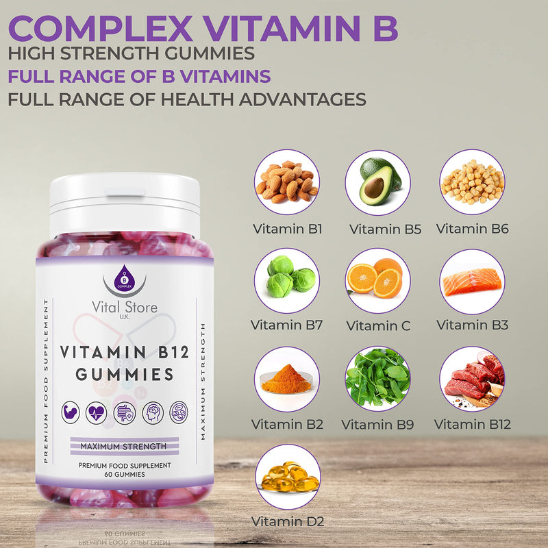 Vitamin B Complex Gummies - 2800MCG Per Serving - 60ct Berry Flavoured Sugar Free Vegan Gummies - with Added Vitamin C, D & B12,9,7,6,5,3,2,1, 60 Count (Pack of 1)