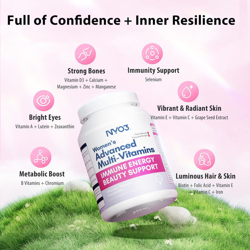 NYO3 Multivitamin for Women with Nicotinamide Lutein Grape Seed & Vitamins A, D3, B1/2/6/12, C, E for Energy, Nourish Hair/Skin/Nail, Premium Daily Womens Multivitamins - 60 Capsules Purple