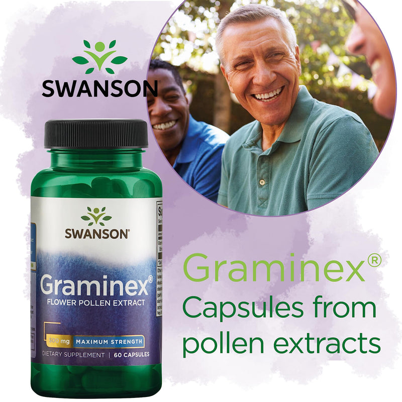 Swanson, Graminex Flower Pollen Extract, 500mg, from Rye, 60 Capsules, High Strength, Lab Tested, SOYA Free, Gluten Free, Non GMO